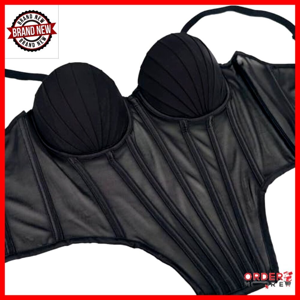 Sheer Mesh Corset Top with Pleated Cups Underwire Bustier Adjustable Straps - Picture 5 of 7